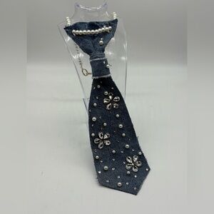Denim and Rhinestone Pearl Tie